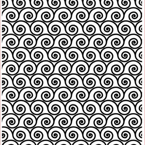 May include: Black and white repeating pattern of swirling waves. The pattern is called "Waves #1" and is a Rollerprint Pattern. The pattern is 3 inches by 4 inches or 76 millimetres by 102 millimetres. The pattern is from Rolling Mill Resources and has the product code C2308.