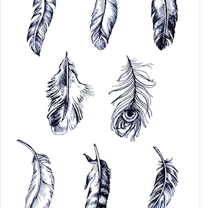 May include: A sheet of black and white line art images of feathers. The sheet is titled "Feathers #2" and is part of the "Rollerprint Pattern™" collection by "Rolling Mill Resources".
