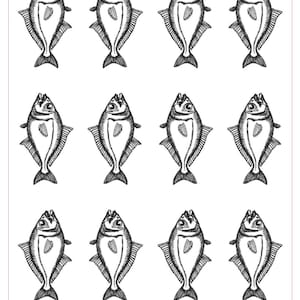 May include: A sheet of paper featuring a repeating pattern of stylized fish illustrations. Each fish is depicted in black and white with detailed lines, and the sheet measures 4 inches by 5 inches (102mm x 127mm). The text "Fish #1 G2523" is included.