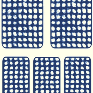 May include: Abstract pattern featuring a repeating design of rounded rectangles filled with a textured, dotted pattern in navy blue and white. The background is a soft cream color, creating a high-contrast visual effect.