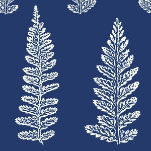 May include: A seamless pattern featuring white fern silhouettes on a dark blue background.