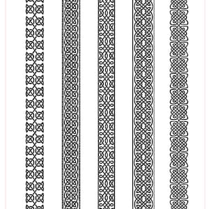 Peut inclure: Cinq motifs de bandes celtiques noires et blanches. Les motifs sont verticaux et présentent des motifs de nœuds complexes. L'image comprend le texte "Celtic Ring Bands Inverted" et des dimensions de 102mm x 127mm.