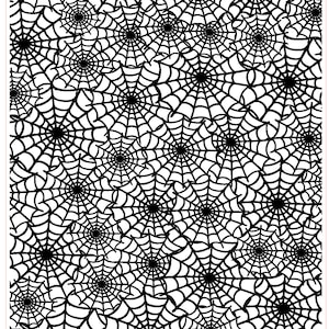 May include: Black and white roller print pattern of spider webs. The pattern is called "Spider Webs" and is 4 inches by 5 inches or 102 millimetres by 127 millimetres. The pattern is part of the Rollerprint Pattern collection by Rolling Mill Resources.
