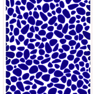 May include: A rectangular pattern featuring a repeating design of blue, pebble-like shapes on a white background. The pattern is labeled "River Rock #2" and measures 2" x 3.5".