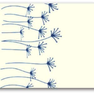 May include: A white background with a blue floral pattern. The pattern is made up of stylised flowers with long stems and delicate petals.