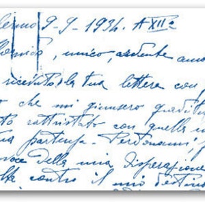 May include: A close-up of a handwritten note in blue ink on white paper. The note includes the date "J-J-1936" and the text "Palermo", "Reprise", "miés", "asstente ancor", "to ricevitorla tua lettere", "fier che mi gieusero gradistiche", "auto cattristato con quelle uung", "Tua parteuse", "Ferdonami", "voce delle mie dieserazione", "wolfe conter il mio destine".