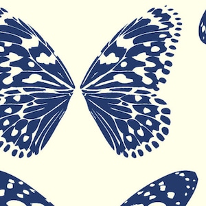 May include: A repeating pattern of navy blue butterfly wings against a cream background. The wings are detailed with intricate patterns and shapes, creating a visually appealing design. The butterflies are arranged in a scattered, non-uniform manner.