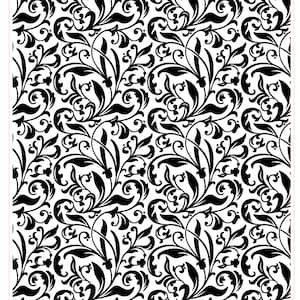 May include: Black and white repeating pattern of a decorative scroll design. The pattern is called "Western Scroll #5" and is a rollerprint pattern from Rolling Mill Resources. The pattern is 4 inches by 5 inches or 102 millimeters by 127 millimeters.