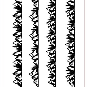 May include: Black and white mountain ringband pattern. The design features a repeating pattern of mountain peaks and trees. The text "Mountains Ringband 3/8" X3.75" and "Rollerprint Pattern" are visible. The pattern measures 3"x4" / 76mmx102mm.