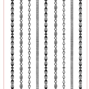 May include: A black and white roller print pattern with seven different designs. The pattern is labelled "Rollerprint Pattern™ Narrow Bands (Bangle) R2027 #1 Rolling Mill Resource 2.3" x 9" / 58mm x 229mm".