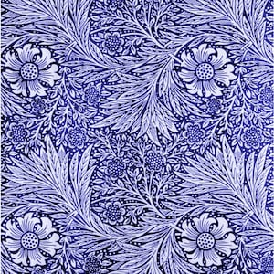 May include: A blue and white floral pattern with intricate details. The design features stylized leaves and flowers, creating a repeating pattern.