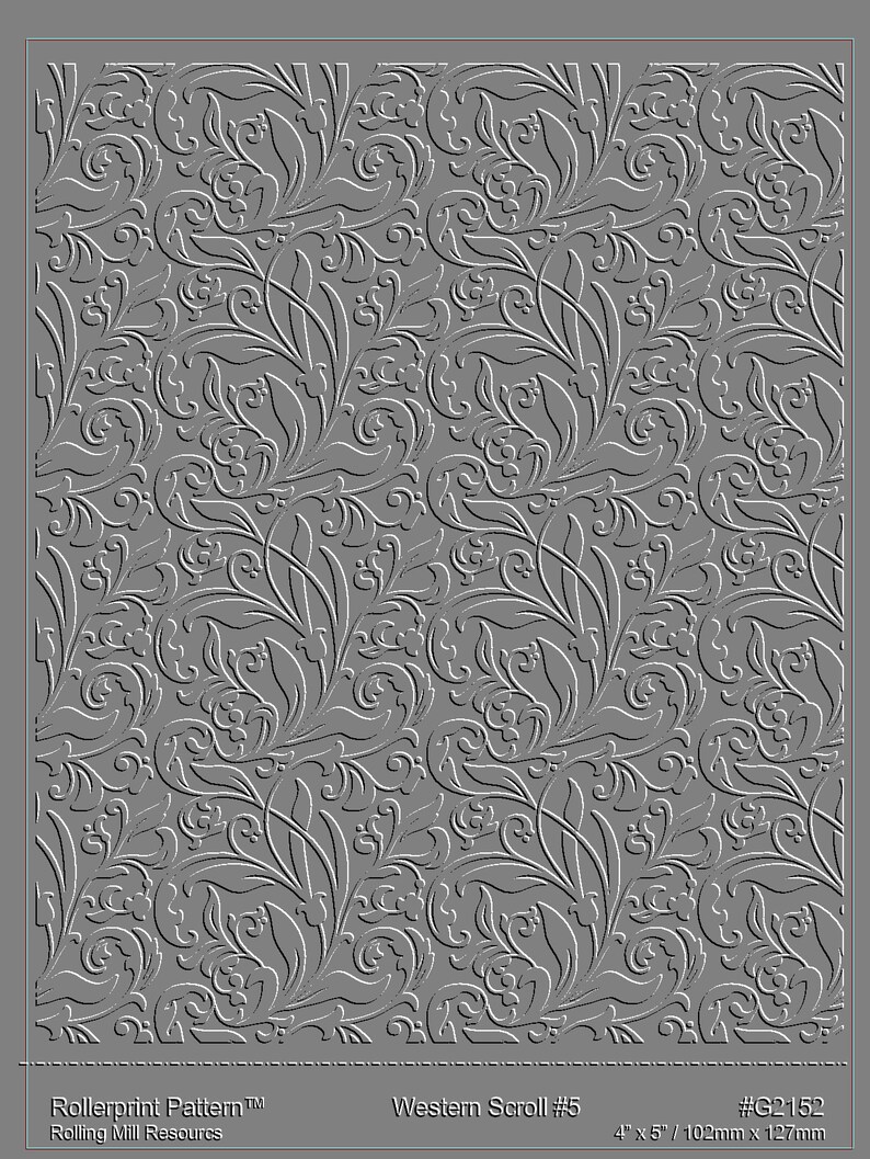 May include: A gray and white floral pattern roller print design, Western Scroll #5, 4 inches by 5 inches, 102 millimeters by 127 millimeters, #G2152.