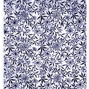 May include: A black and white floral pattern on a blue background. The pattern is a repeating design of small flowers and leaves. The text "Rollerprint Pattern™ Rolling Mill Resources" and "Floral Paper from 1887 #C805 3" x 4" / 76mm x 102mm" is at the bottom of the image.