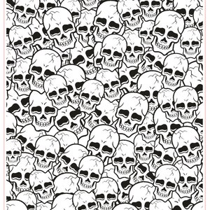May include: Black and white skull pattern. The design features numerous skulls in varying sizes and orientations, creating a dense, repeating motif. The image includes the text "Rollerprint Pattern" and "Skulls G2131", with dimensions of 4" x 5" (102mm x 127mm).