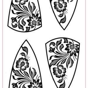 May include: A black and white floral design roller print pattern for crafting. The design features two symmetrical floral shapes with a 2 inch by 3.5 inch size, or 50mm by 89mm. The pattern is labeled "Floral Fantasy Shapes" and "A434".