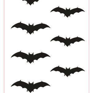 May include: Black bat silhouettes arranged on a white background. The image includes the text "Bats" and "Rollerprint Pattern". The pattern measures 2.5" x 3.5" (64mm x 89mm).