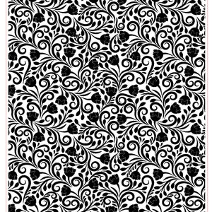 May include: Black and white floral pattern with a repeating design of stylized flowers and scrolls. The pattern is called "Western Scroll #4" and is a rollerprint pattern from Rolling Mill Resources. The pattern is 4 inches by 5 inches or 102 millimeters by 127 millimeters.
