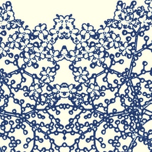 May include: A symmetrical design of blue floral branches and leaves on a white background. The design is intricate and detailed, with a repeating pattern of flowers and leaves.