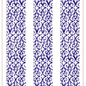 May include: A blue and white wrought iron ring band pattern, 2 inches by 3.5 inches, or 50 millimeters by 89 millimeters. The pattern is called "Wrought Iron Ring Band I" and is labeled "#J1912 RB". The pattern is from Rolling Mill Resource.