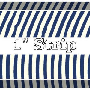 May include: A 1 inch wide blue and white striped fabric ribbon. The stripes are diagonal and the fabric has a subtle texture.