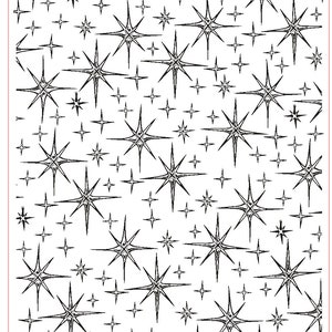 May include: A black and white roller print pattern with a repeating design of stars. The pattern is called "Celestial" and is 3 inches by 4 inches, or 76 millimetres by 102 millimetres. The pattern is from Rolling Mill Resources.