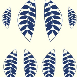 May include: A white background with eight blue stylised leaf shapes. The leaves are all different sizes and are arranged in a symmetrical pattern.