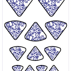 May include: A set of nine blue and white ceramic tile connectors in a floral pattern. The tiles are shaped like triangles and half circles. The tiles are 3 inches by 4 inches and are 76 millimeters by 102 millimeters. The tiles are labeled "Branching Out - Connectors" and "C2025".