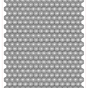 May include: Black and white roller print pattern with concentric hexagons. The pattern is 3 inches by 4 inches or 76 millimeters by 102 millimeters. The pattern is called "Concentric Hexagons" and the product number is C2406.