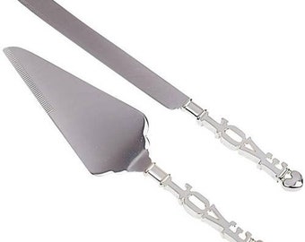 17 Main  Love Cake Knife and Server Set in Silver