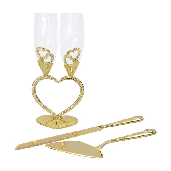 Heart Shaped Wedding Toasting Flutes & Cake Serving Set Duo