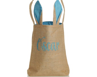 Personalised Natural Burlap Tote Bag with Blue Bunny Ears