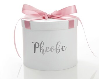 Personalised White Round Gift Box with Baby Pink Ribbon Bow