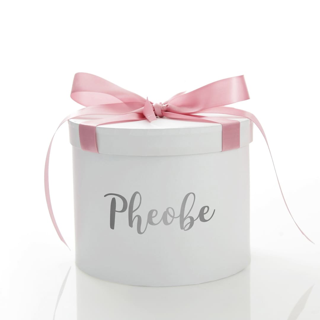 Personalised White Round Gift Box With Black Ribbon Bow 