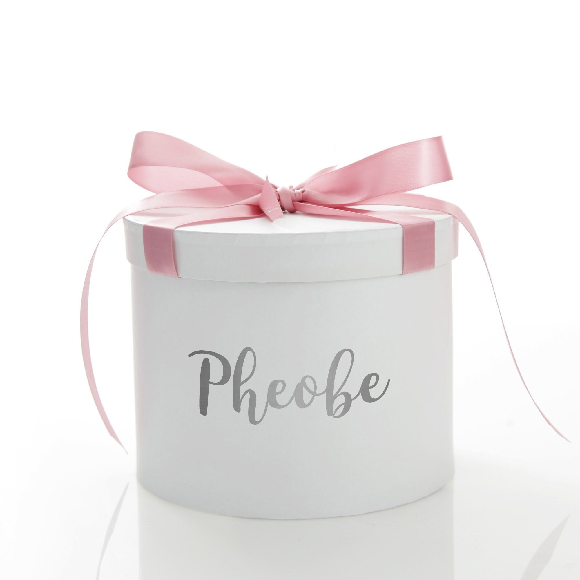 Personalised White Round Gift Box With Baby Pink Ribbon Bow 