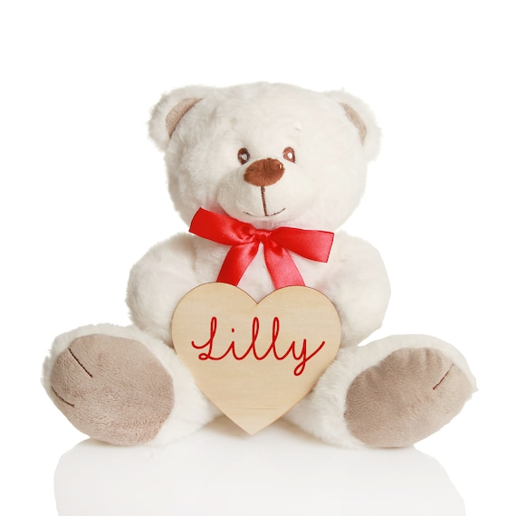 Ours en peluche blanc adorable personnalisé avec coeur en bois -  France