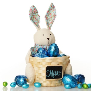 Personalised Woven Easter Basket with Calico Bunny