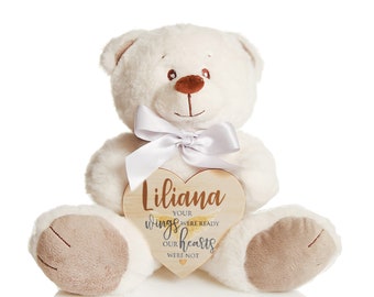 Personalised White Bear with Your Wings Were Ready Timber Heart