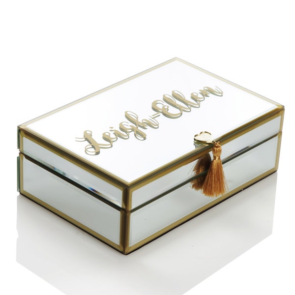 Personalised Glass Mirror Jewellery Box with Gold Tassel