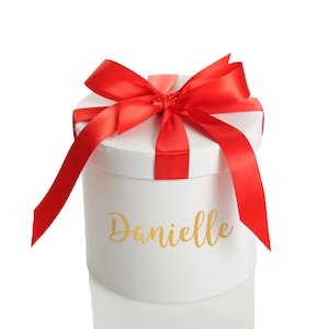 Personalised White Round Gift Box with Red Ribbon Bow