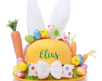 Personalised Yellow and Polka Dot Easter Hat with White Ears