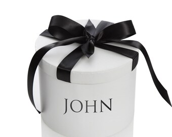 Personalised White Round Gift Box with Black Ribbon Bow