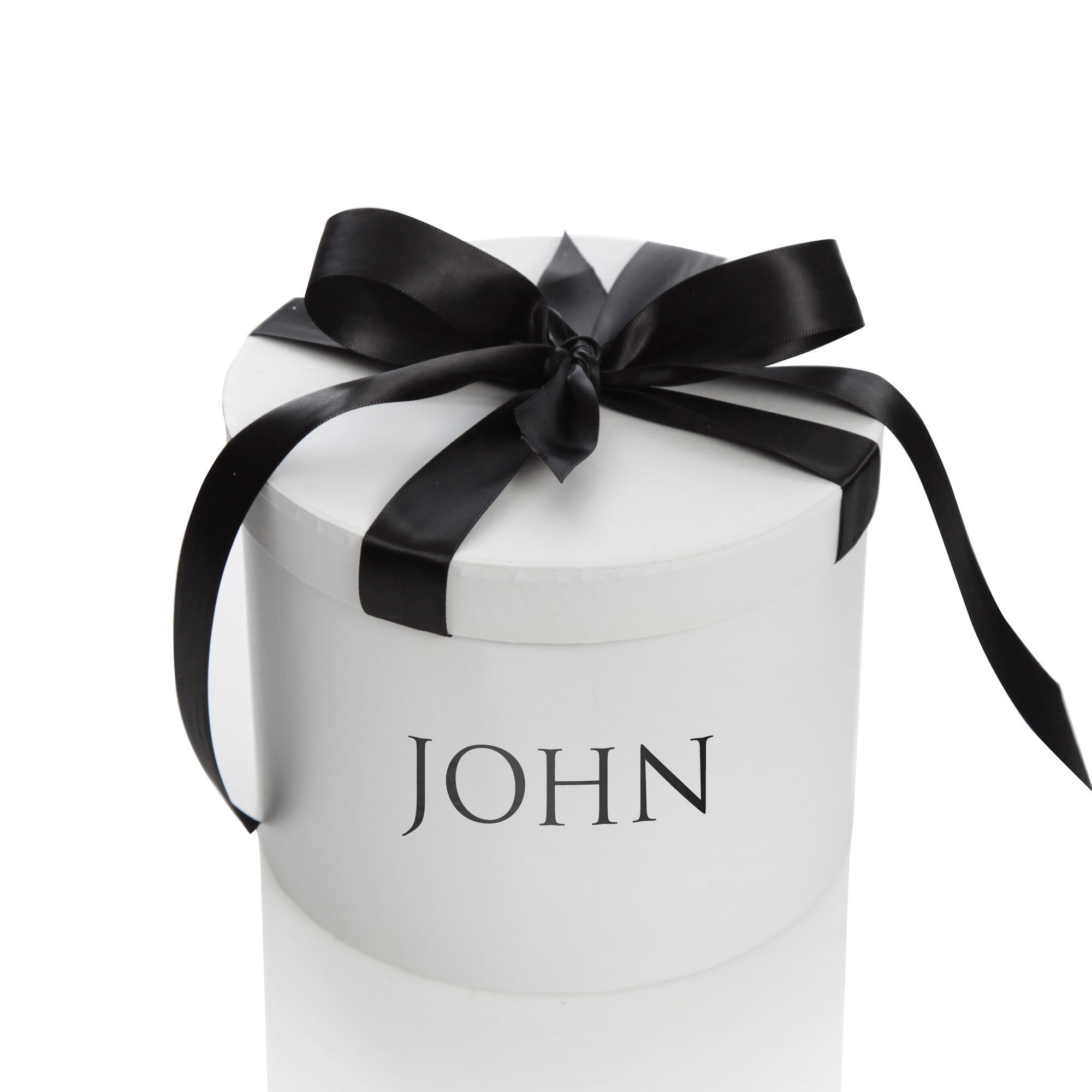 Personalised White Round Gift Box With Black Ribbon Bow Etsy