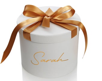 Personalised White Round Gift Box with Gold Ribbon Bow