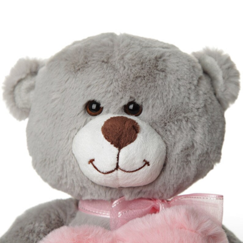 Personalised Grey Teddy Bear Holding Pink Fluffy Heart | Etsy
