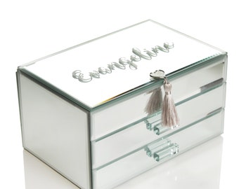 Perfect Gift Stunning Glass Crystal Diamante Trim Mirror Jewellery Trinket Box 