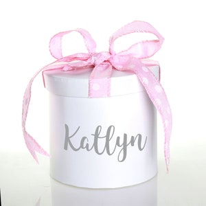 Personalised White Round Gift Box with Pink Polka Dot Ribbon Bow