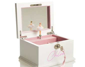 Caja de música de joyería de bailarina de madera blanca personalizada