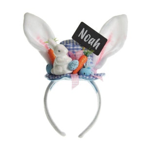 Handmade Bunny Ears Easter Blue Gingham Hat Headband
