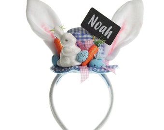 Personalised Bunny Ears Easter Blue Gingham Hat Headband