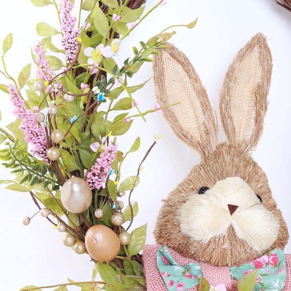 Easter Bunny Head Pick Straw Decoration with Blue Bow, Garden Picks, Egg Hunt